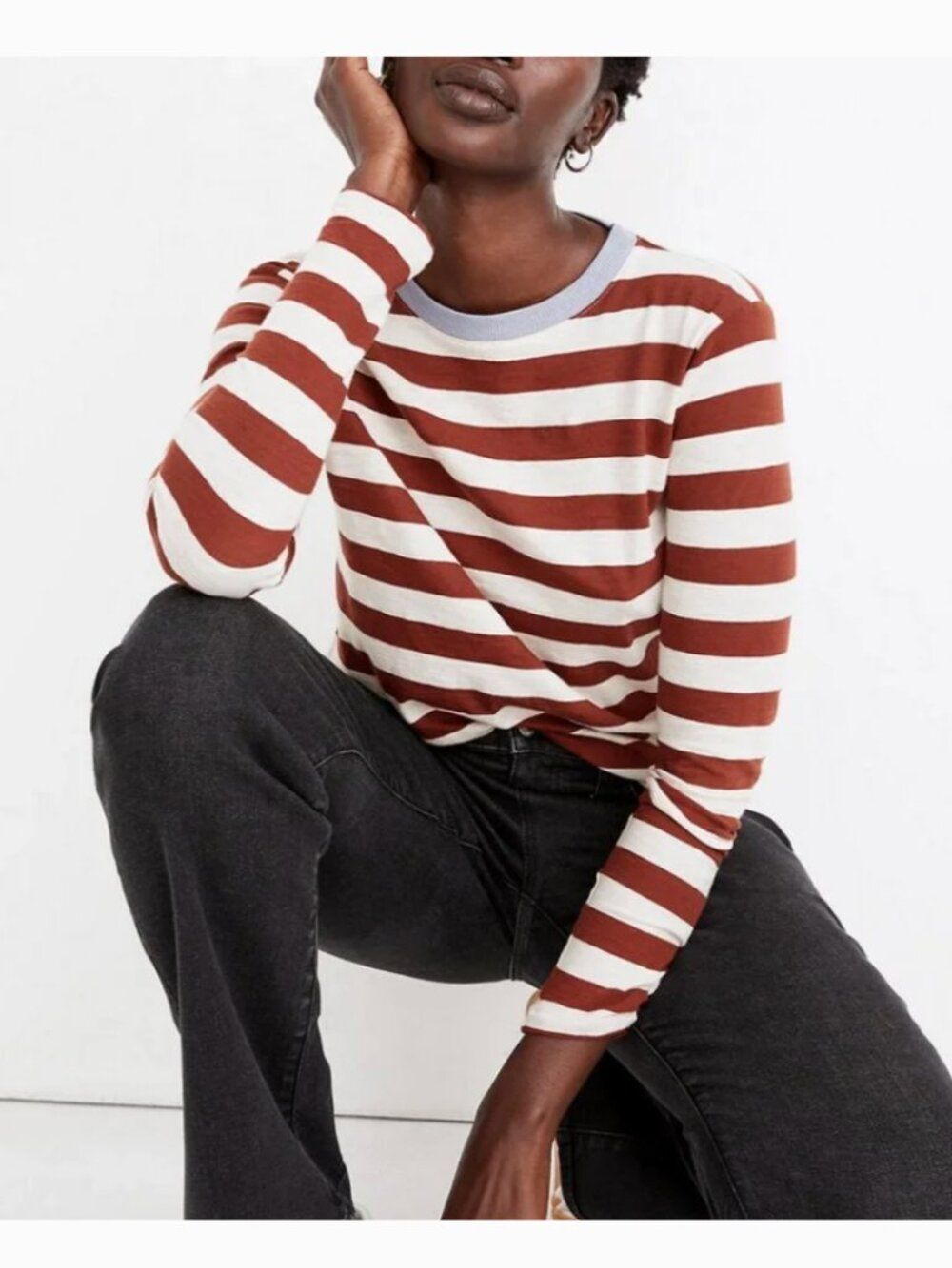 Madewell Red Striped Rib Crewneck Cotton Whisper Long Sleeve Tee M